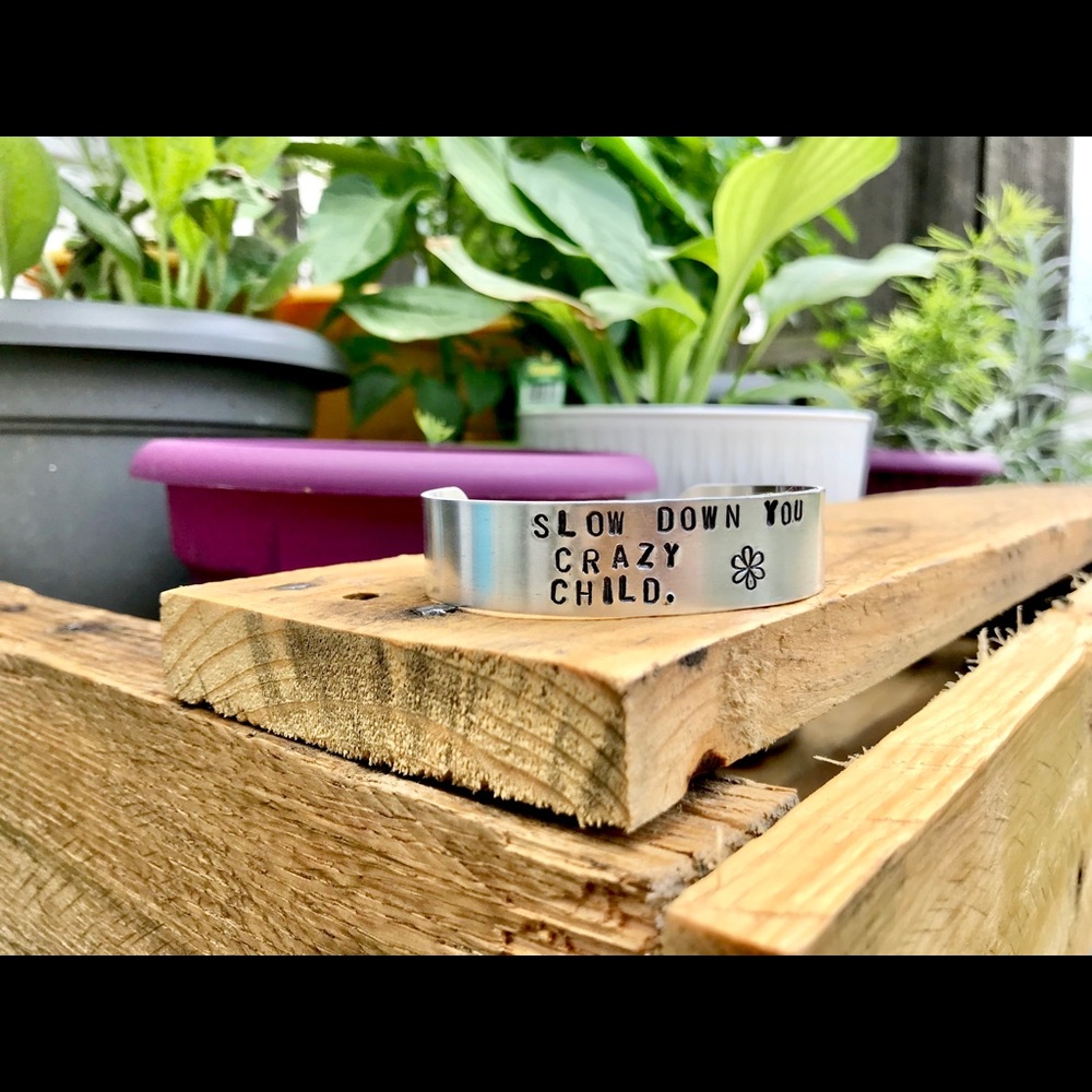 Hand stamped adjustable metal cuff bracelet